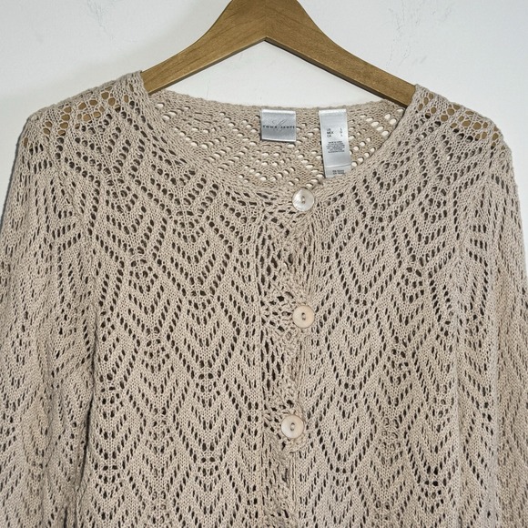 Emma James Womens Large Linen Blend Open Knit Cardigan Button Scallop Hem Tan - Picture 2 of 6